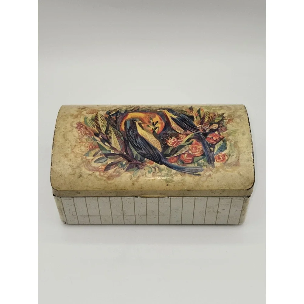 Vintage Metal Storage Tin Box Bird Floral‎ Design Hinged Lid 6.5